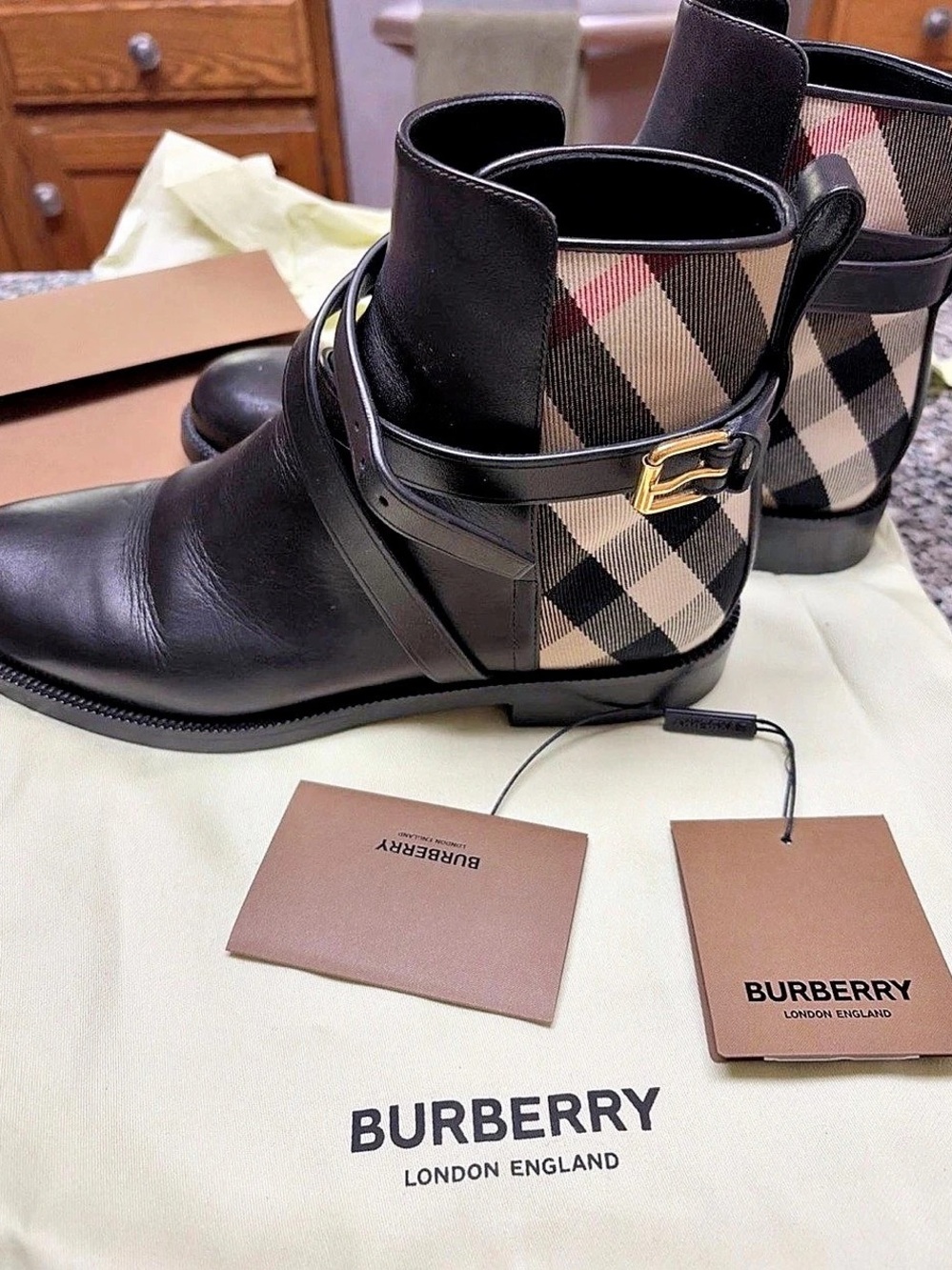 Burberry House Check and Leather Ankle Boots Plaid Leather Ankle Boots US 7.5